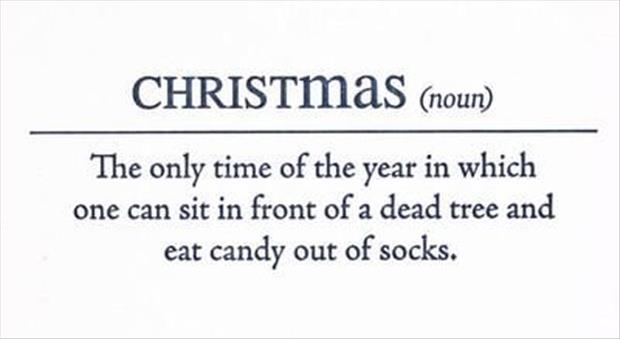 View joke - Christmas. The only time of the year in which one can sit in front of a dead tree and eat candy out of socks.